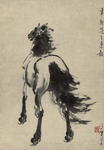 近代画.徐悲鸿_墨笔马轴_立马远眺_纸本_4393.6318