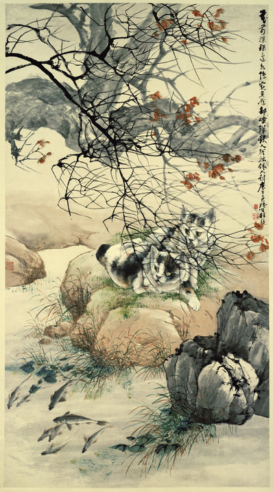 清代画.程璋_双猫窥鱼_纸本_7054.12706_270dpi