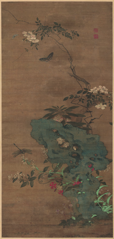 清代画.汪中_没骨花卉条幅_绢本北京故_6425.13448