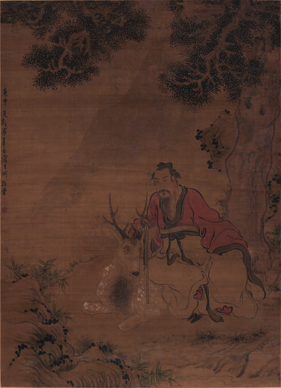 清代画.华岩_柏下仙鹿图轴绢本_14734.20311