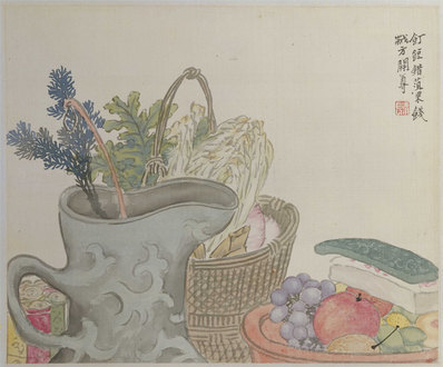 清代画.任熊_姚燮诗意图_册_第四开_饤饾错菹果-饯岁方尊_4470.3710