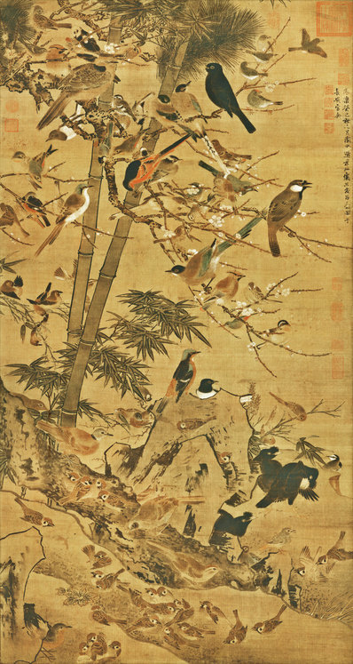 明代画.边景昭_三友百禽图绢本克利夫兰_绢_9560.17953