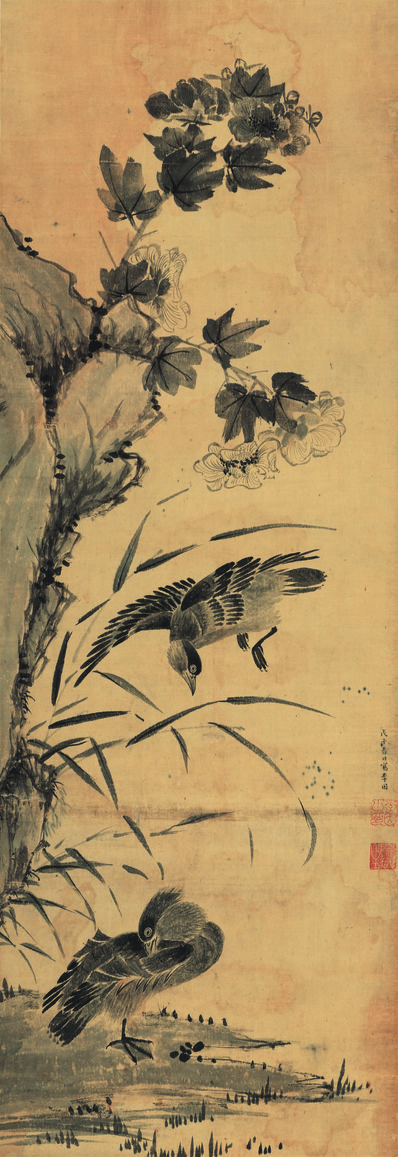 明代画.李因_女画_芙蓉鸳鸯图轴绢_5648.16416