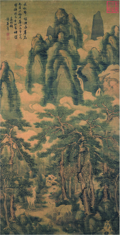 明代画.戴进_长松五鹿轴纸本台_4694.9195