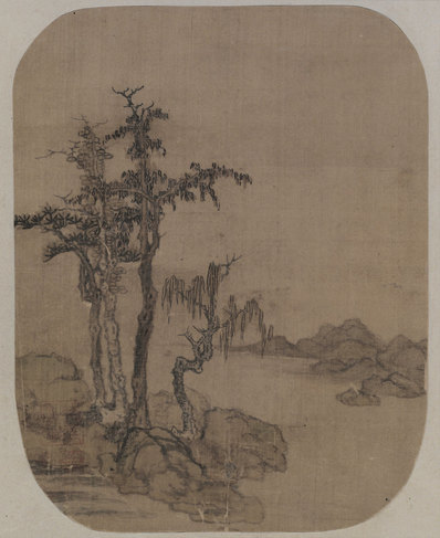 元代画.赵元代画.树石图_纨扇绢本设色_5695.6961