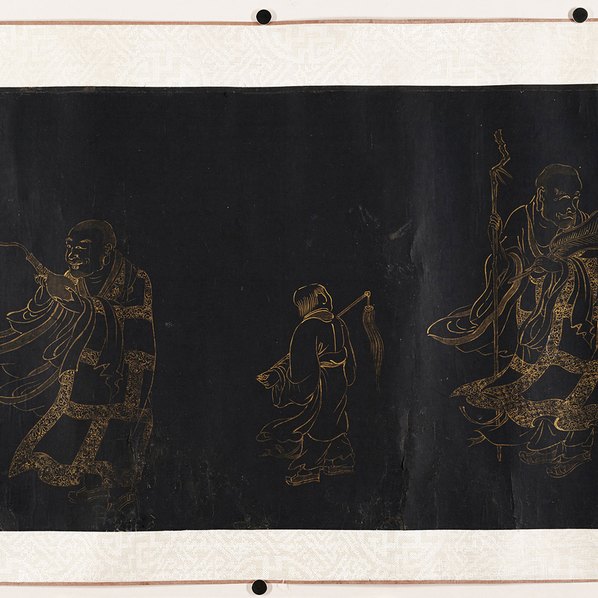 清代画_传李公麟十八罗汉图卷_手卷;蓝靛纸本描金_美国大都会艺术馆